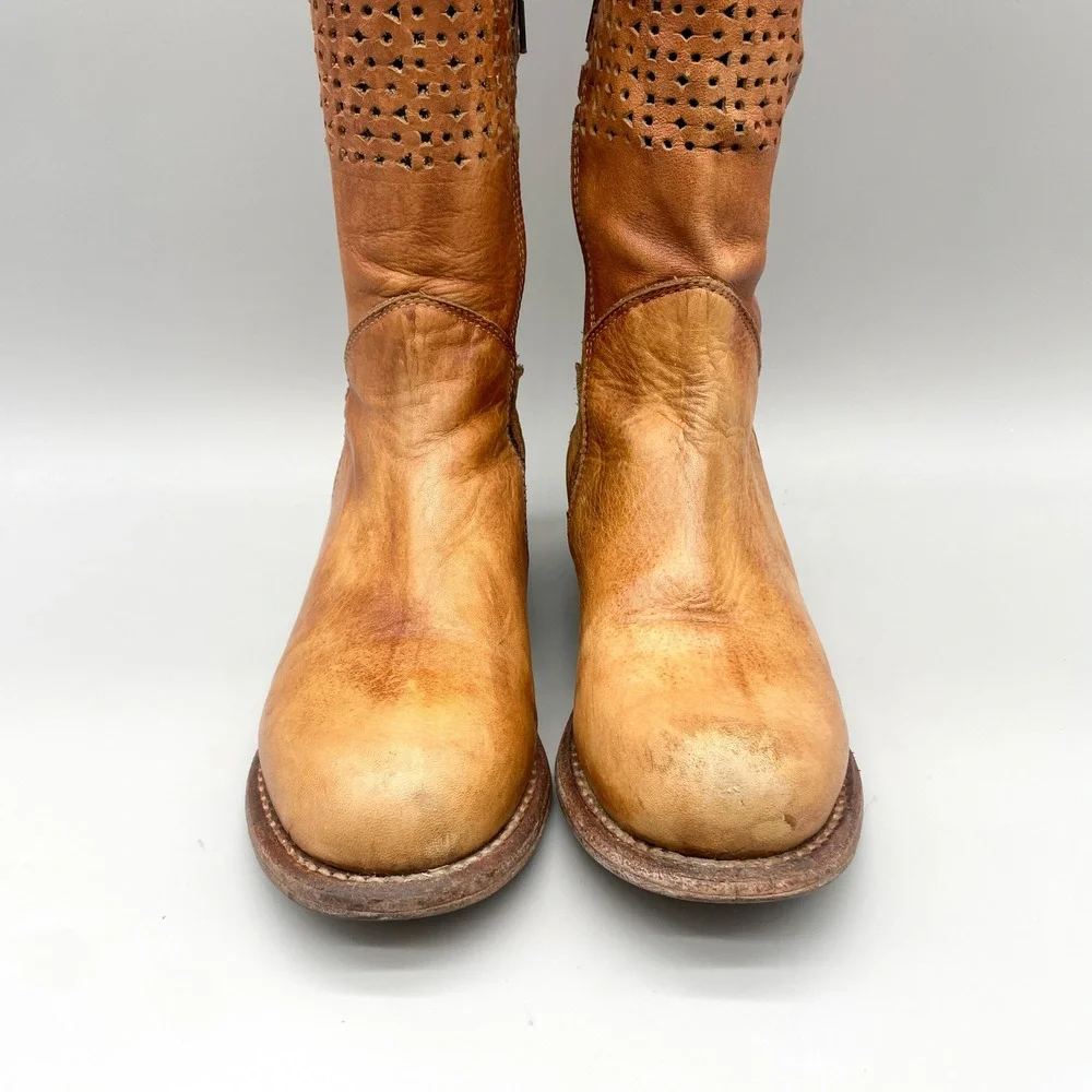 Bed Stu Cambridge Boots Womens 6.5 Tan Distressed Leather Perforated Tall Boho
